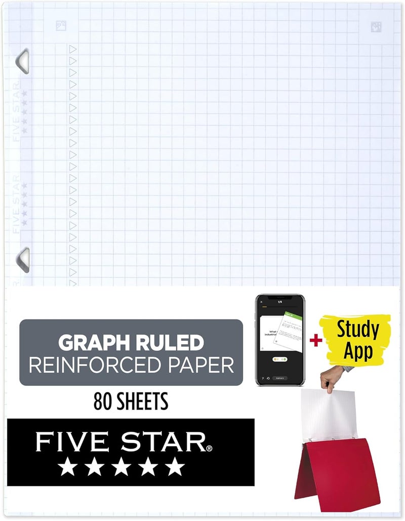 Five Star Loose Leaf Paper + Study App, Graph Ruled Filler Notebook Paper, Reinforced, Fights Ink Bleed, 8-1/2" x 11", 80 Sheets (170122) - Image 1